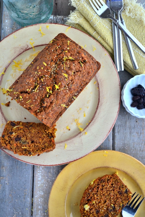 Gluten-free coconut carrot loaf with two slices showing beautiful bread texture