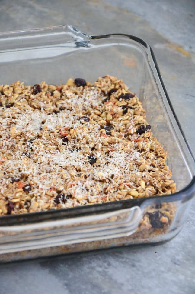 Browned baked gluten-free oatmeal, spotted with raisins and sprinkled with coconut.